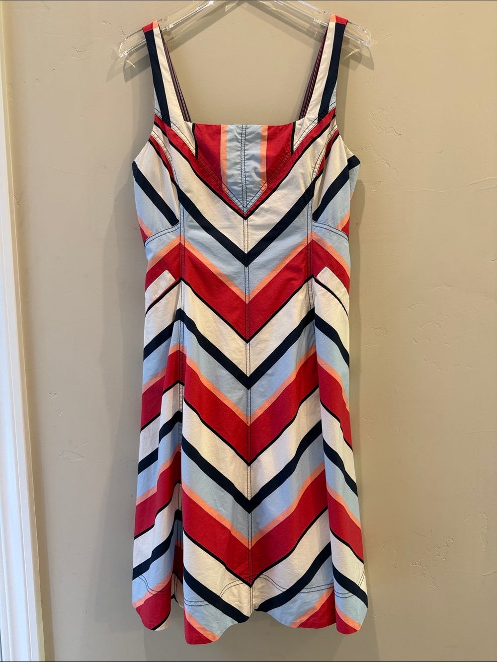 Anthropologie Retro Chevron Midi Dress in Red, Navy & Light Blue s 12